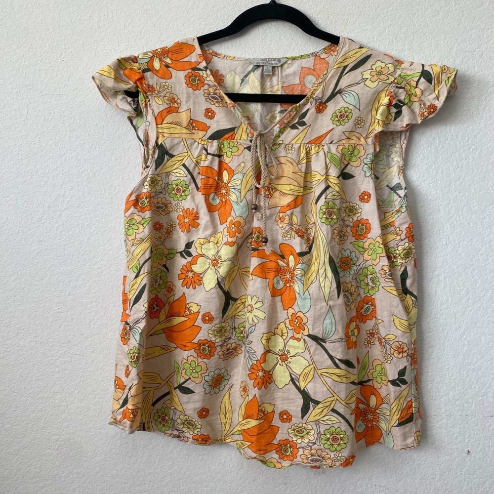Hester & Orchard Linen Blend Floral Blouse Boho‎ Cottagecore Top Size L Resort - Picture 10 of 10
